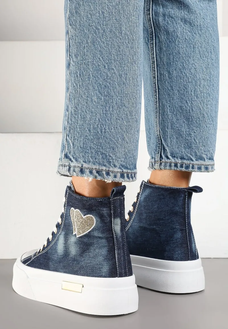 Granatowe Trampki na Platformie z Wysoką Cholewką z Haftem z Brokatem Elanitha