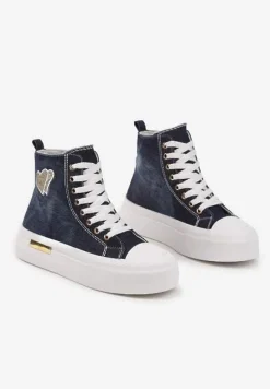 Granatowe Trampki na Platformie z Wysoką Cholewką z Haftem z Brokatem Elanitha