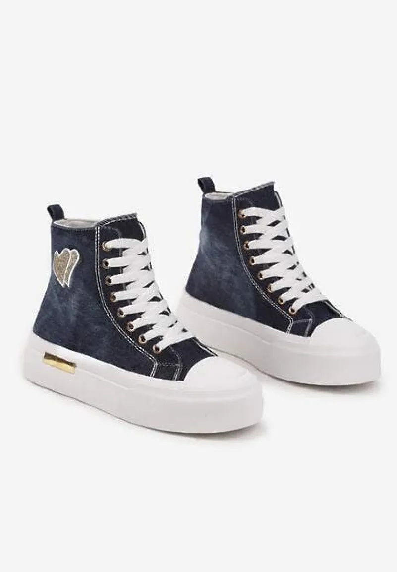 Granatowe Trampki na Platformie z Wysoką Cholewką z Haftem z Brokatem Elanitha