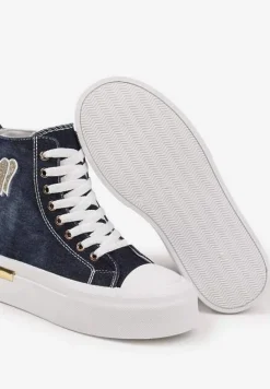 Granatowe Trampki na Platformie z Wysoką Cholewką z Haftem z Brokatem Elanitha