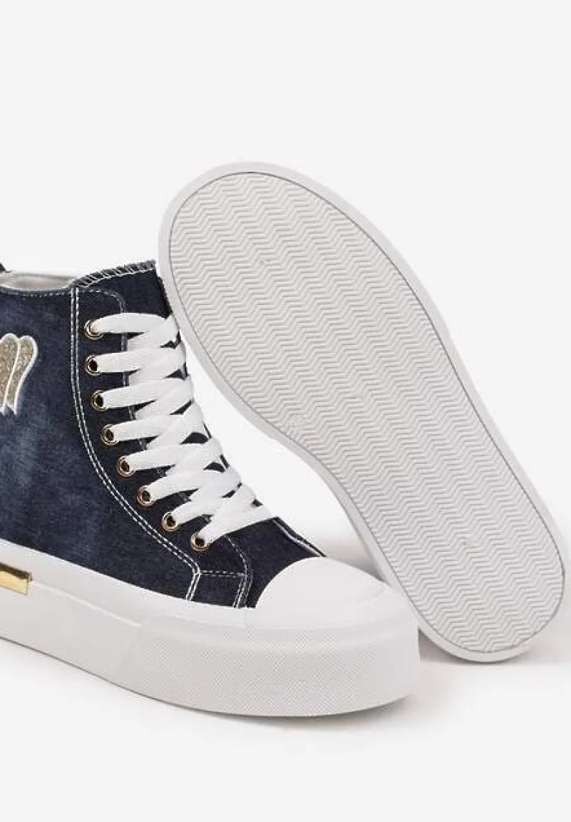 Granatowe Trampki na Platformie z Wysoką Cholewką z Haftem z Brokatem Elanitha