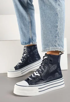 Granatowe Trampki na Platformie z Wysoką Cholewką i Wzorem Serc Aviriss