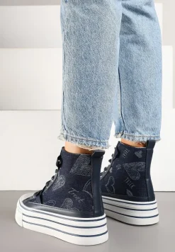 Granatowe Trampki na Platformie z Wysoką Cholewką i Wzorem Serc Aviriss