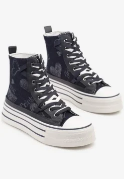 Granatowe Trampki na Platformie z Wysoką Cholewką i Wzorem Serc Aviriss