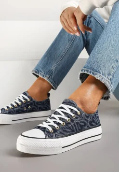 Granatowe Trampki na Platformie Zdobione Wzorem w Serca Gonavith