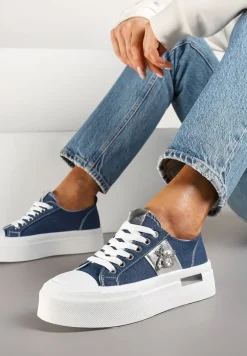 Granatowe Trampki na Platformie z Biżuteryjną Aplikacją Gonessa