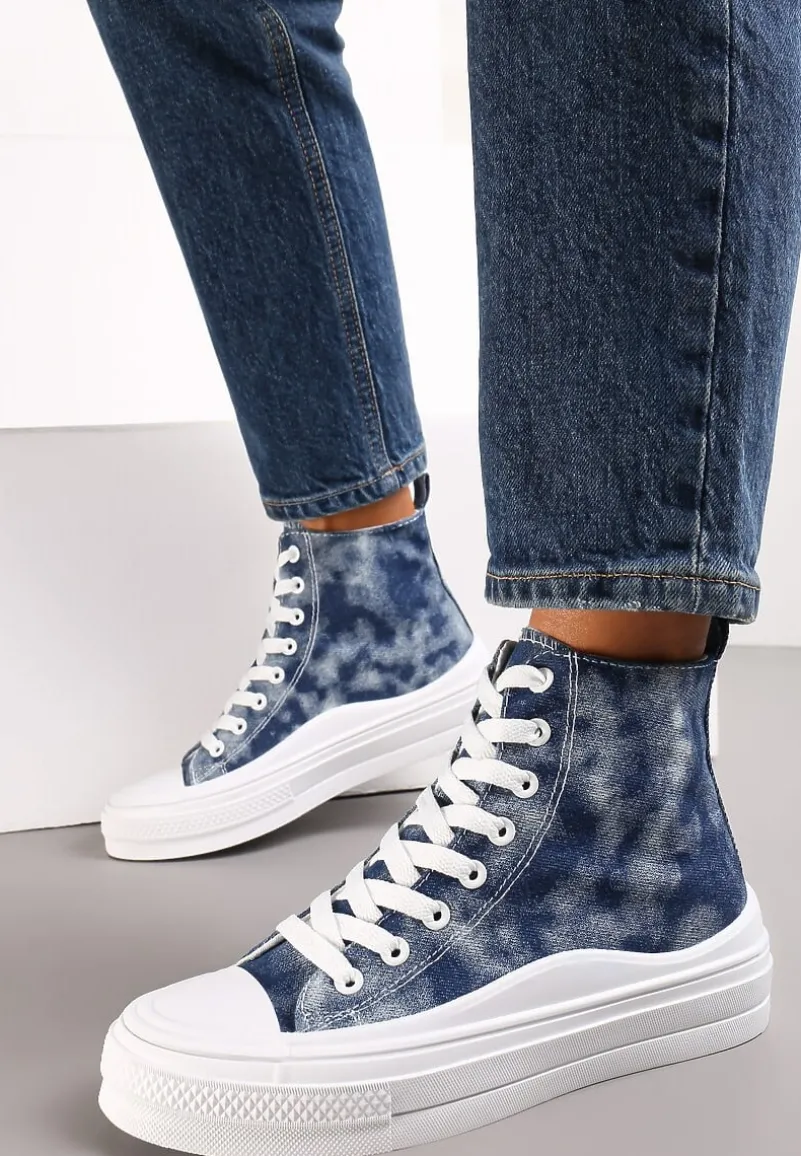 Granatowe Trampki z Cholewką za Kostkę w Stylu Denimu Galpena