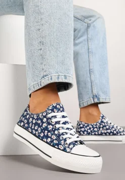 Granatowe Trampki z Niską Cholewką w Kwiatowy Wzór Addmiria