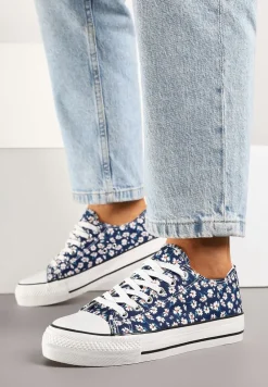 Granatowe Trampki z Niską Cholewką w Kwiatowy Wzór Addmiria