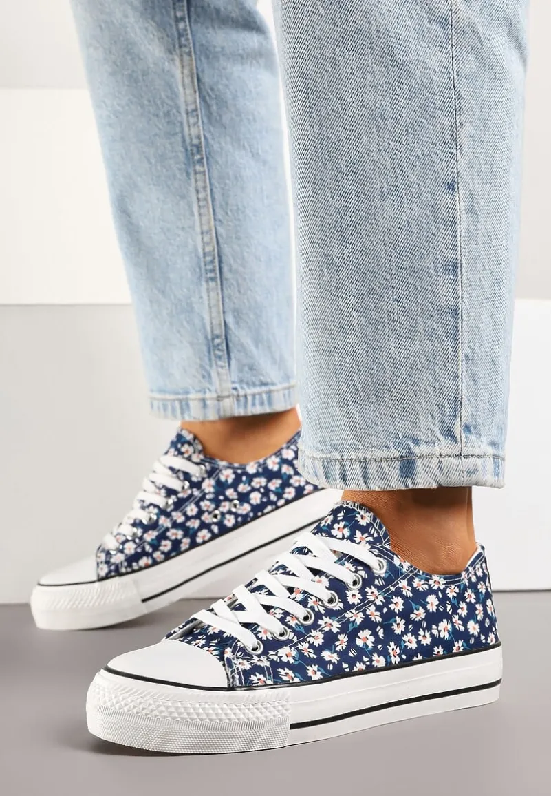 Granatowe Trampki z Niską Cholewką w Kwiatowy Wzór Addmiria