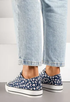 Granatowe Trampki z Niską Cholewką w Kwiatowy Wzór Addmiria