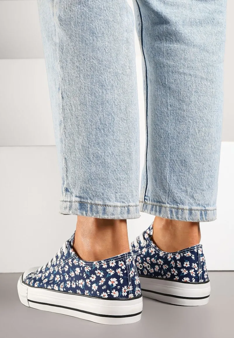 Granatowe Trampki z Niską Cholewką w Kwiatowy Wzór Addmiria