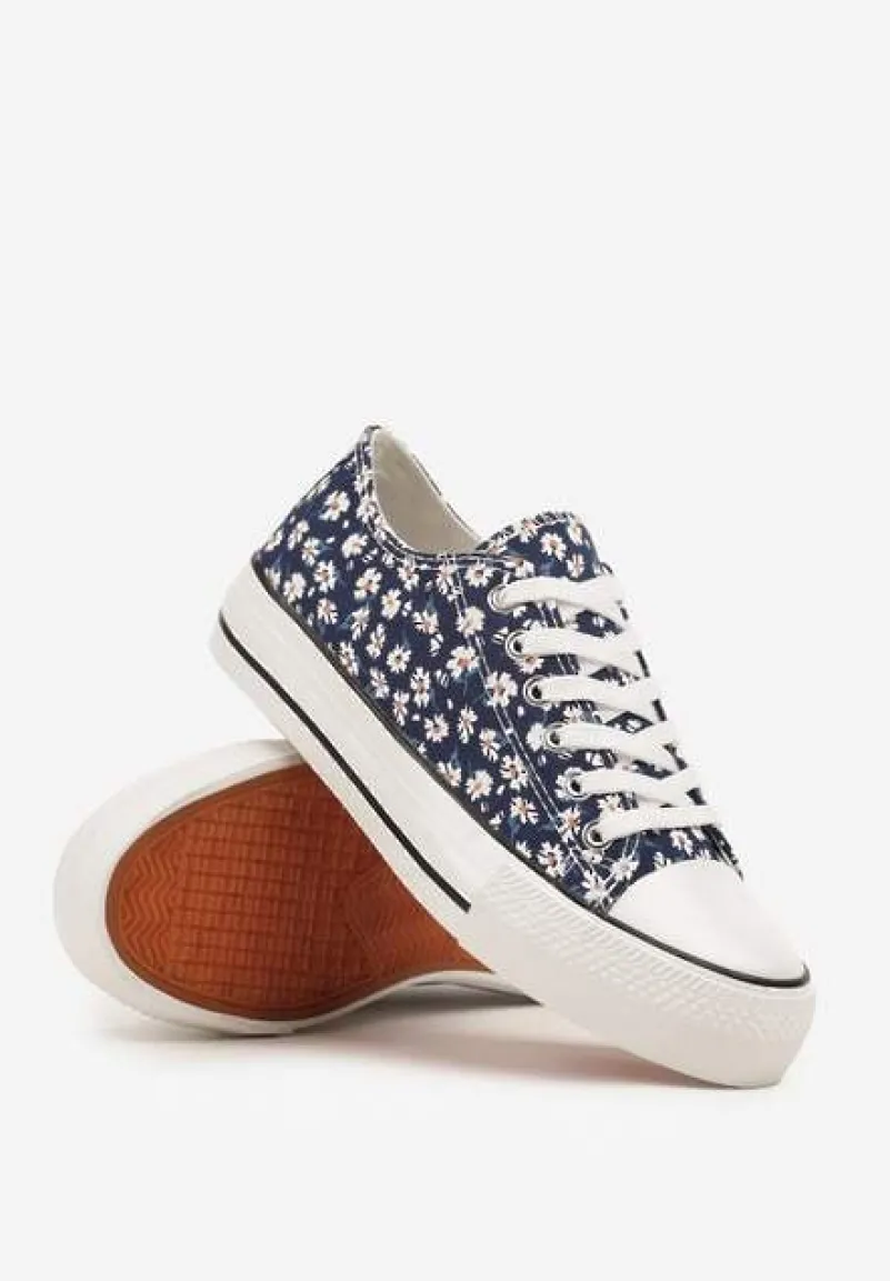 Granatowe Trampki z Niską Cholewką w Kwiatowy Wzór Addmiria