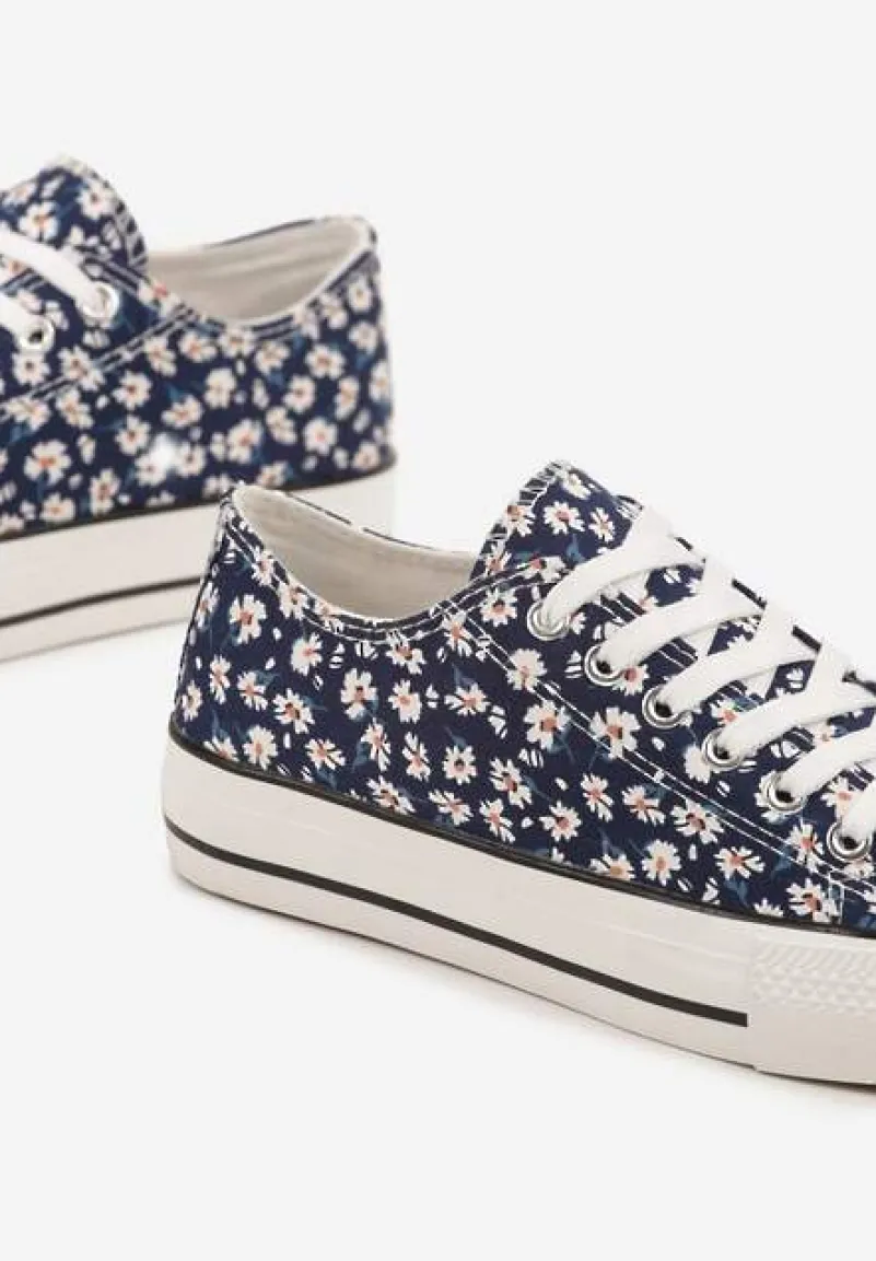 Granatowe Trampki z Niską Cholewką w Kwiatowy Wzór Addmiria