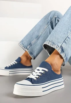 Granatowe Trampki z Niską Cholewką na Podwójnej Podeszwie Lenisna