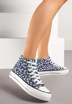 Granatowe Trampki z Wysoką Cholewką w Kwiatowy Print Follavira