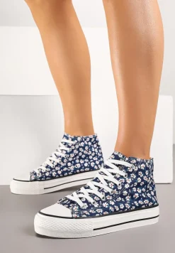 Granatowe Trampki z Wysoką Cholewką w Kwiatowy Print Follavira