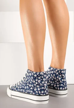 Granatowe Trampki z Wysoką Cholewką w Kwiatowy Print Follavira