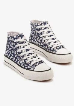 Granatowe Trampki z Wysoką Cholewką w Kwiatowy Print Follavira