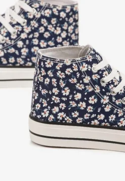 Granatowe Trampki z Wysoką Cholewką w Kwiatowy Print Follavira
