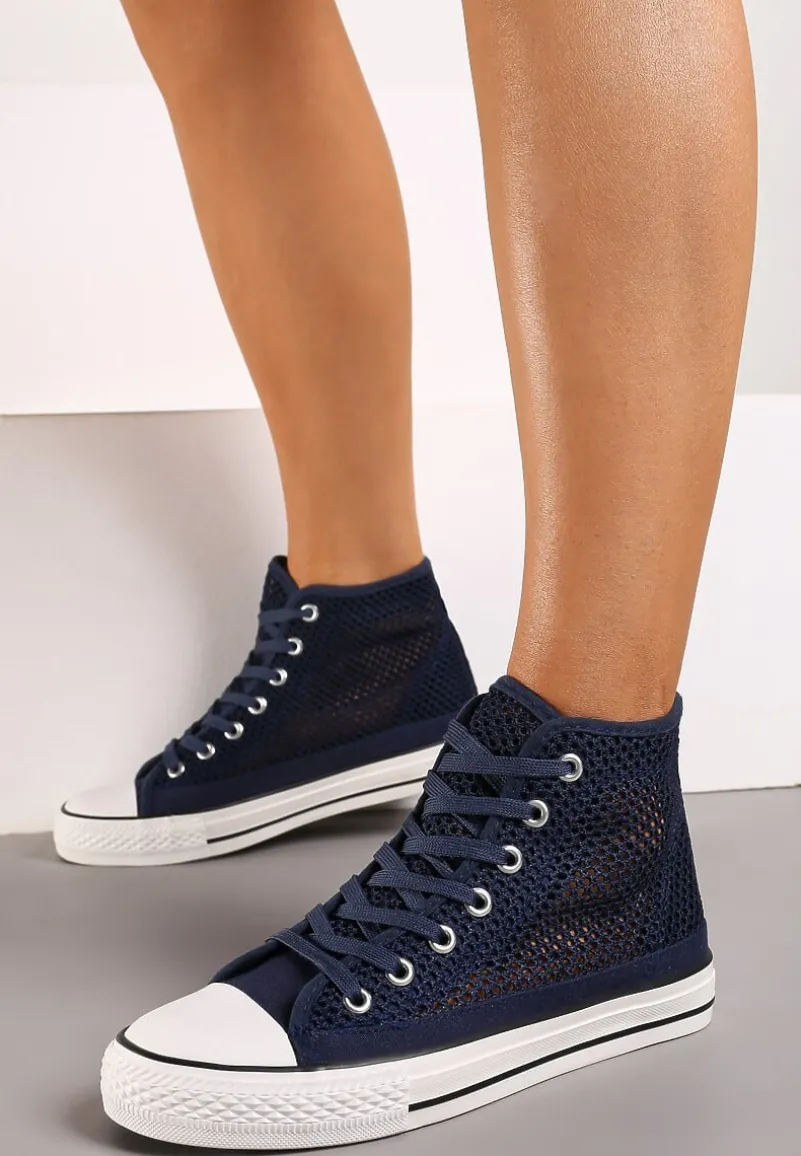 Granatowe Trampki za Kostkę z Perforacją Welagia