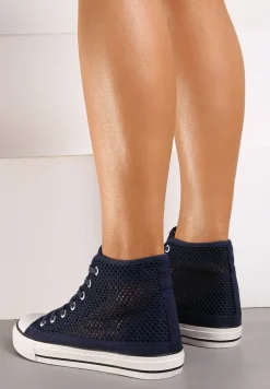Granatowe Trampki za Kostkę z Perforacją Welagia