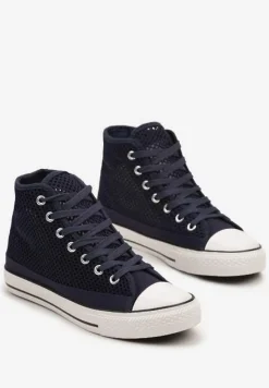 Granatowe Trampki za Kostkę z Perforacją Welagia