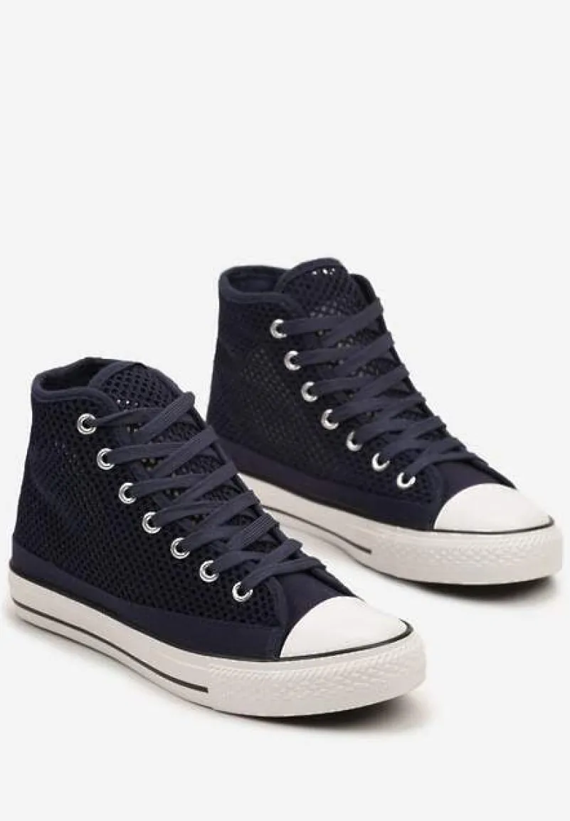 Granatowe Trampki za Kostkę z Perforacją Welagia