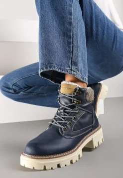 Granatowe Traperki Sznurowane na Grubej Podeszwie Sige