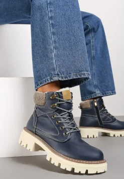 Granatowe Traperki Sznurowane na Grubej Podeszwie Sige
