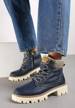 Granatowe Traperki Sznurowane na Grubej Podeszwie Sige