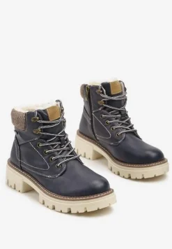 Granatowe Traperki Sznurowane na Grubej Podeszwie Sige