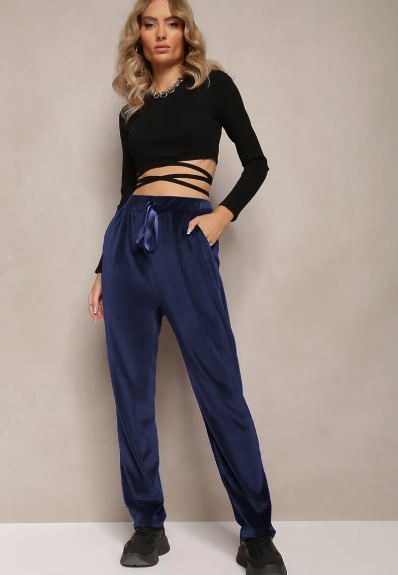 Granatowe Welurowe Spodnie Dresowe z Luźnymi Nogawkami Heliotte