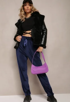 Granatowe Welurowe Spodnie Dresowe z Luźnymi Nogawkami Heliotte