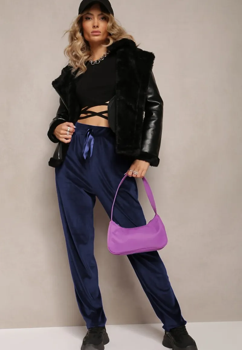 Granatowe Welurowe Spodnie Dresowe z Luźnymi Nogawkami Heliotte