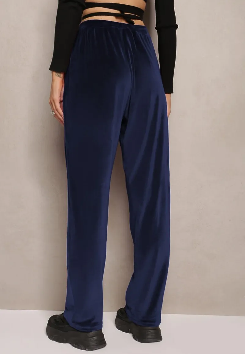 Granatowe Welurowe Spodnie Dresowe z Luźnymi Nogawkami Heliotte