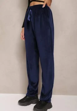 Granatowe Welurowe Spodnie Dresowe z Luźnymi Nogawkami Heliotte