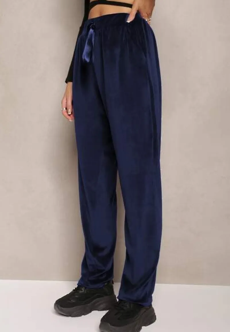 Granatowe Welurowe Spodnie Dresowe z Luźnymi Nogawkami Heliotte