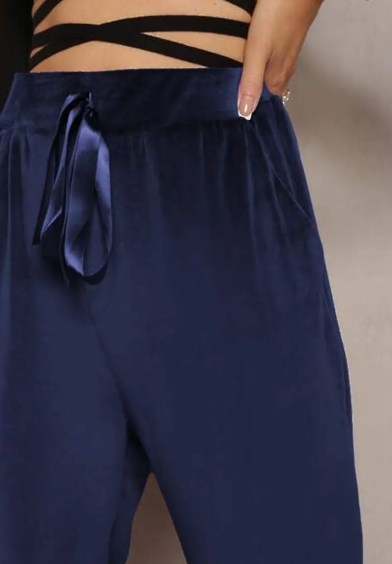 Granatowe Welurowe Spodnie Dresowe z Luźnymi Nogawkami Heliotte