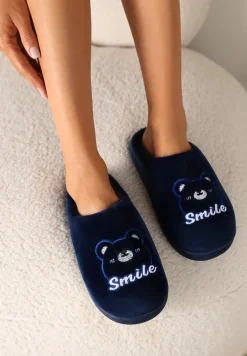 Granatowe Wsuwane Kapcie z Welurowym Wykończeniem i Ozdobną Naszywką Naorise