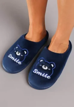 Granatowe Wsuwane Kapcie z Welurowym Wykończeniem i Ozdobną Naszywką Naorise