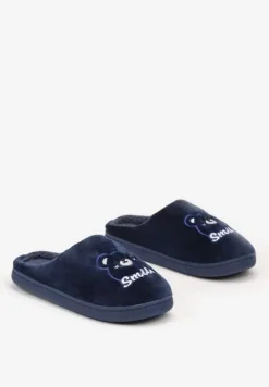 Granatowe Wsuwane Kapcie z Welurowym Wykończeniem i Ozdobną Naszywką Naorise