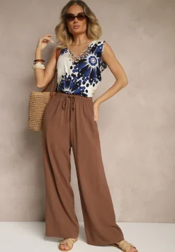 Granatowo-Beżowa Bawełniana Bluzka Bez Rękawów z Dekoltem w Serek Solzeri