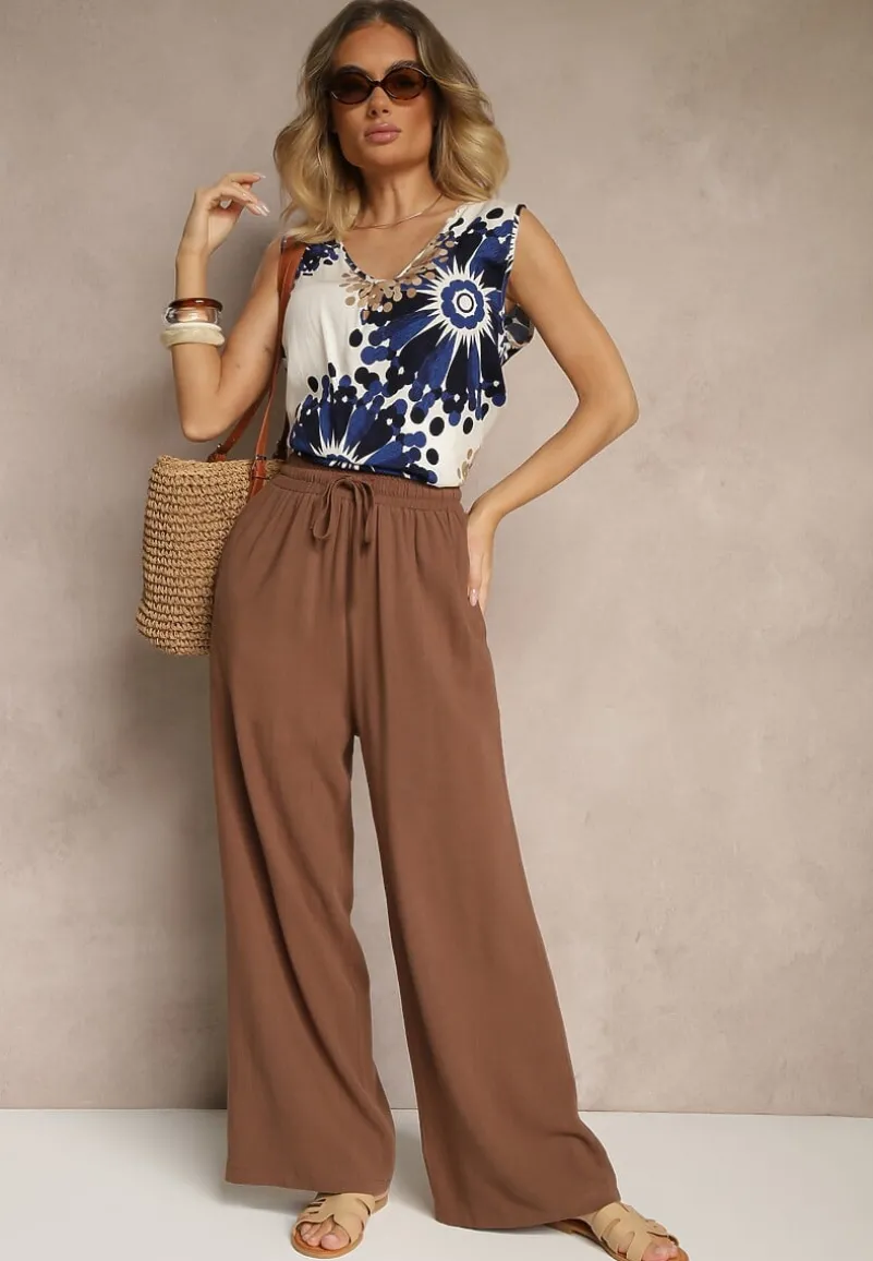 Granatowo-Beżowa Bawełniana Bluzka Bez Rękawów z Dekoltem w Serek Solzeri