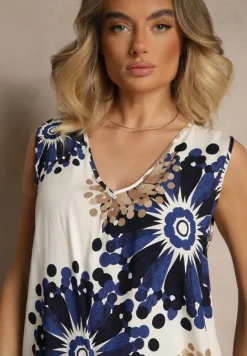 Granatowo-Beżowa Bawełniana Bluzka Bez Rękawów z Dekoltem w Serek Solzeri