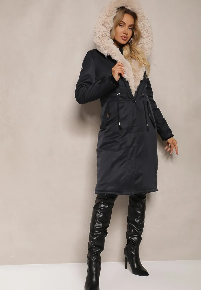 Granatowo-Beżowa Kurtka Parka Ocieplana z Kapturem z Odpinanym Futerkiem Ściągana w Pasie Melintina
