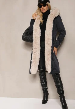 Granatowo-Beżowa Kurtka Parka Ocieplana z Kapturem z Odpinanym Futerkiem Ściągana w Pasie Melintina