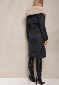 Granatowo-Beżowa Kurtka Parka Ocieplana z Kapturem z Odpinanym Futerkiem Ściągana w Pasie Melintina