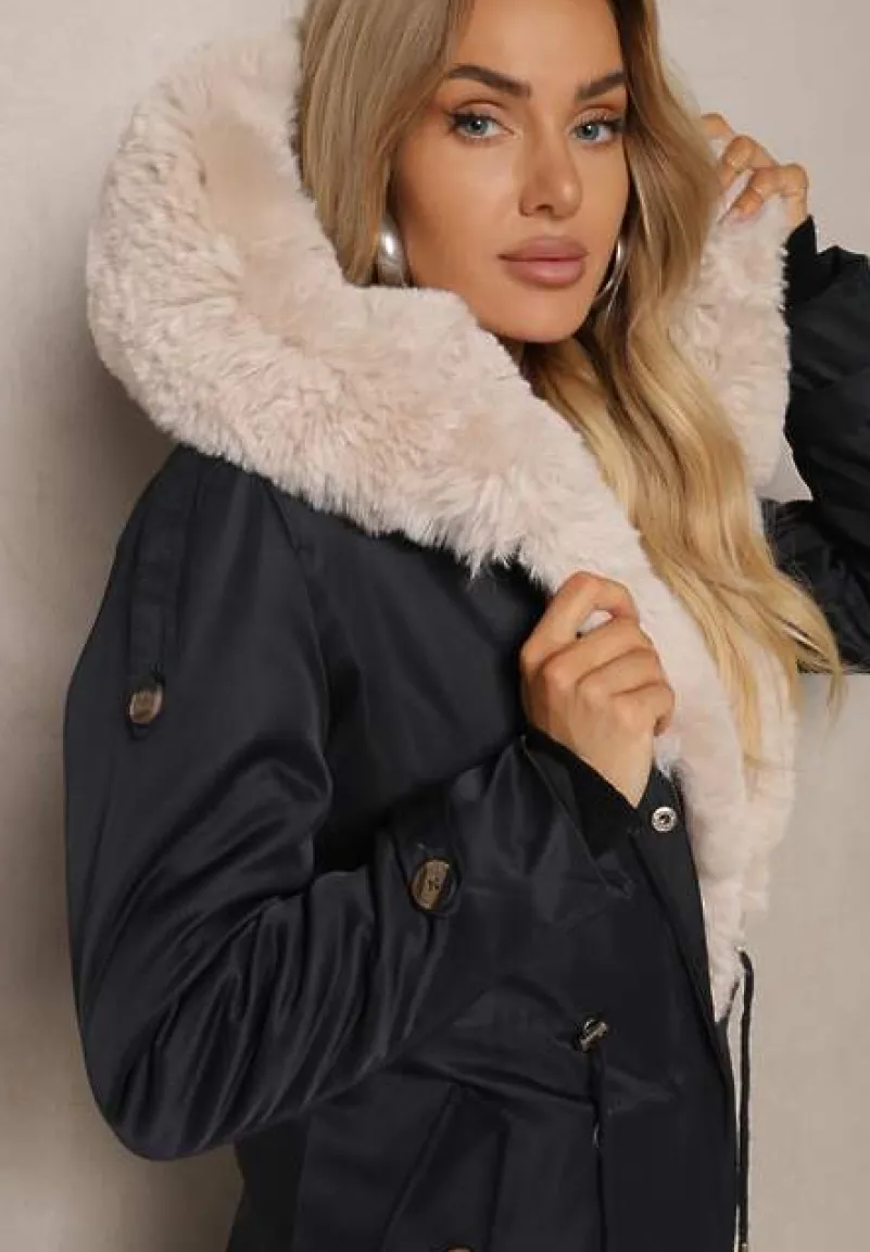 Granatowo-Beżowa Kurtka Parka Ocieplana z Kapturem z Odpinanym Futerkiem Ściągana w Pasie Melintina