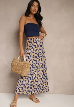 Granatowo-Beżowa Rozkloszowana Spódnica z Wiskozy High Waist Fevanice